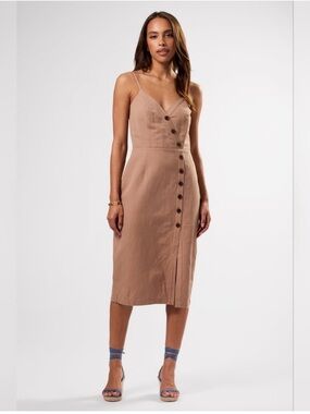 Amour Vert Tan Midi Linen Dress with Button Detail